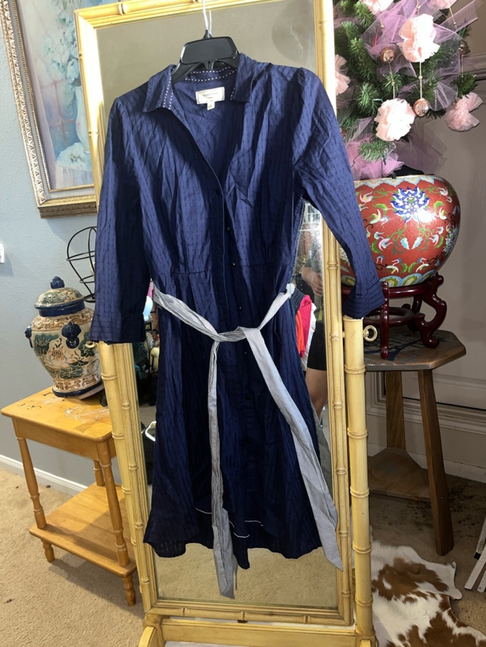 MOULINETTE SOEURS Navy Blue Button-Front Shirt Dress with Striped Belt